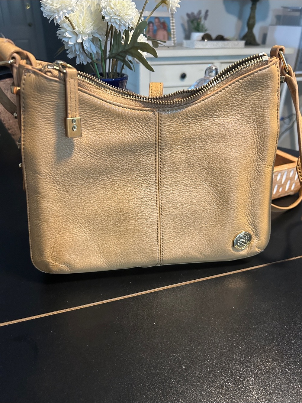 Vince Camuto Beige Pebbled Leather Crossbody Bag